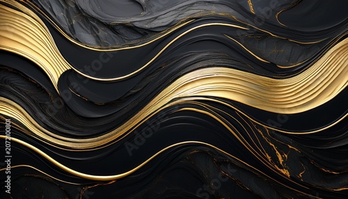 luxury 3d render of abstract black layered waves with elegant gold veins and water droplets premium dark marble texture background for highend creative design