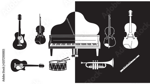Musical Instruments Silhouettes on Split Black and White Background Minimalist Vector Graphic for Orchestra Band Concert Poster