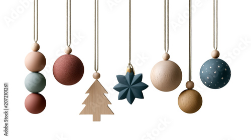 Hanging christmas ornaments in various shapes and colors isolated on transparent background