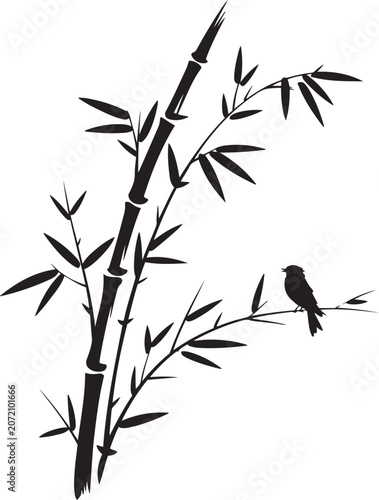 Traditional Asian style vector illustration of flying crane bird with bamboo stalks and leaves