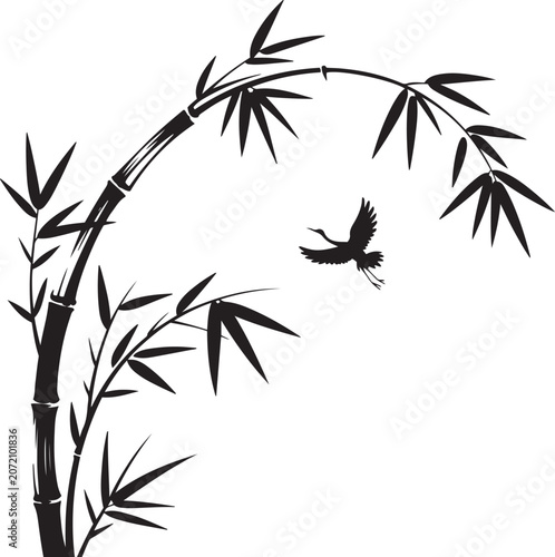 Traditional Asian style vector illustration of flying crane bird with bamboo stalks and leaves