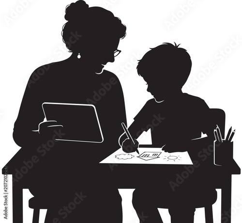 Teacher and student sit together while using a digital tablet for an educational learning activity.
