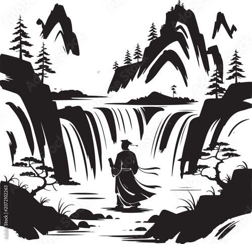 Traditional Asian ink wash style illustration of a scholar looking at a grand waterfall and mountains