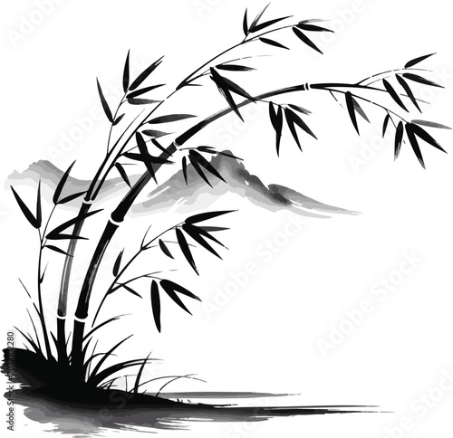 Traditional Asian ink wash bamboo landscape illustration with distant misty mountains