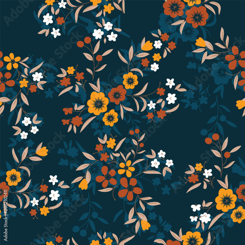 Trendy Floral pattern with many kind of flowers. Tropical botanical motifs scattered randomly. For fabric with drawn style on dark background