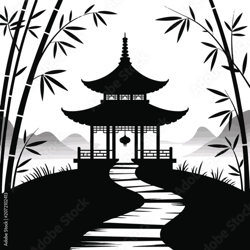 Traditional Asian pagoda pavilion silhouette with a winding pathway and bamboo trees
