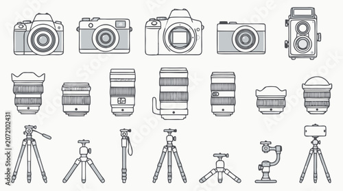 Clean flat vector illustration of cameras, lenses, tripods, and stabilizer gear on a light background for photography shop, rental, or creative studio branding.