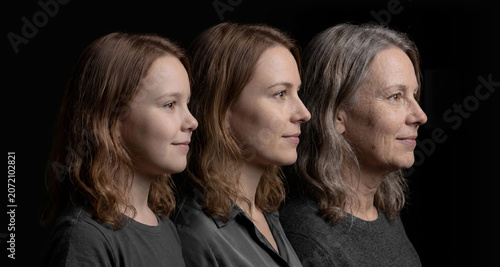 Side view profile of three generations of caucasian women