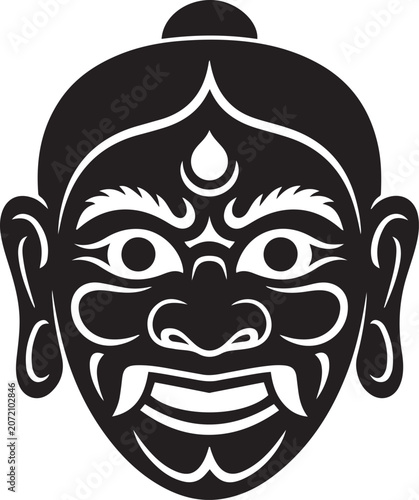 Traditional Mahakala or tribal demon mask icon with monochrome wrathful expression