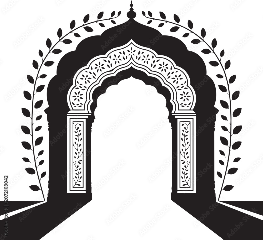 Fototapeta premium Traditional ornate Mughal arch gate silhouette with decorative floral motifs and leaf wreath