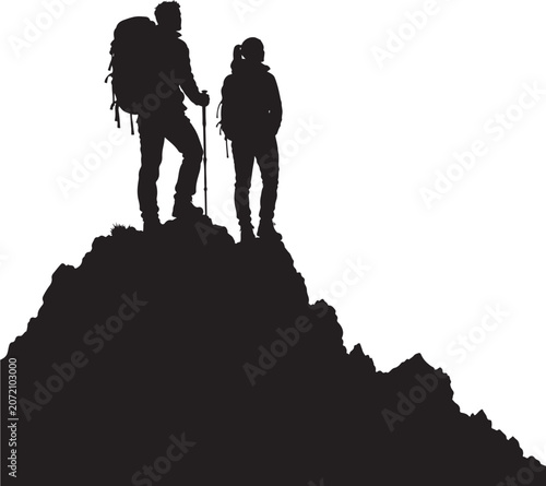 Hikers stand at the summit of a mountain peak while carrying heavy travel backpacks to signify a successful expedition.