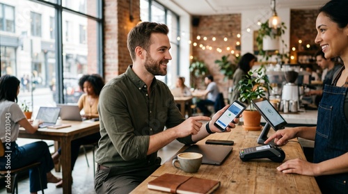 Customer paying with mobile phone at coffee shop counter