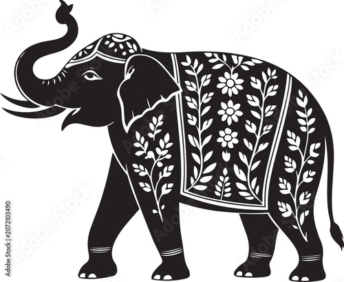 Traditional ornate Indian elephant silhouette with decorative floral motifs and raised trunk