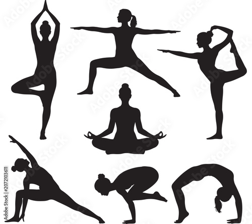 Yoga practitioner displays various physical poses to demonstrate flexibility and mindfulness in a series of black silhouettes.