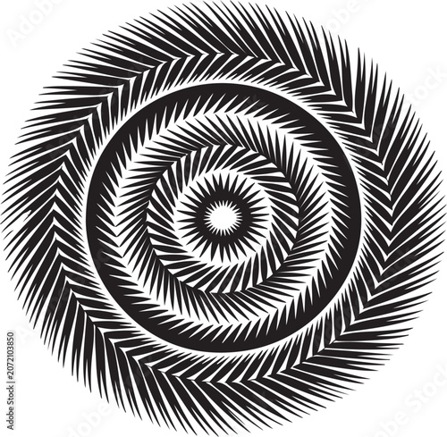 Abstract optical illusion concentric circle pattern with monochrome spiked lines