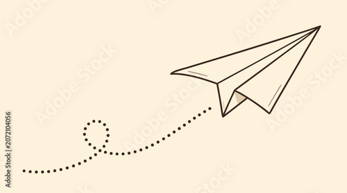 Clean flat vector illustration of a paper airplane with dotted flight path on a light background, ideal for messaging, travel, delivery, or startup concepts.