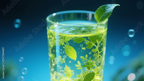 Green drink with leaves in a glass