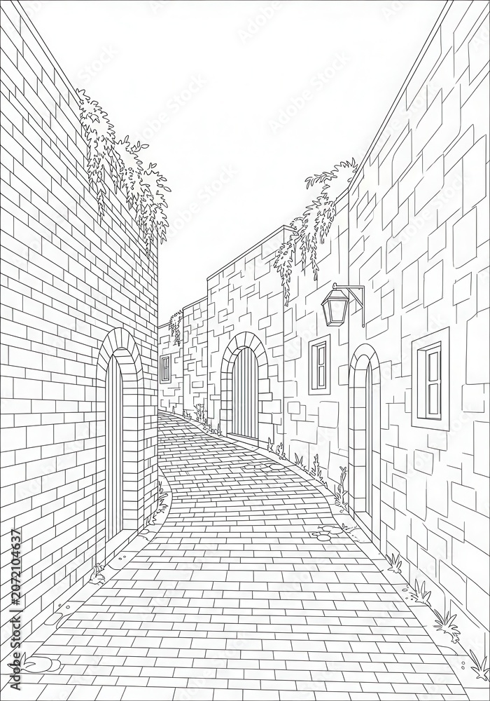 Obraz premium Old European Town Narrow Street Coloring Page Illustration with Cobblestone Path and Stone Buildings