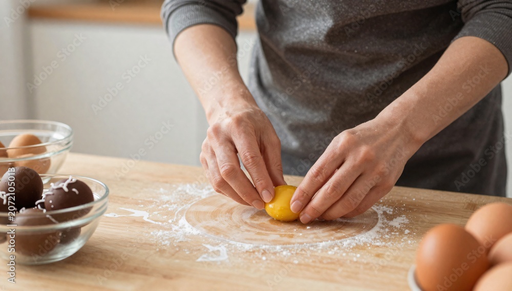 Fototapeta premium Person separating egg yolk from egg white while baking in the kitchen