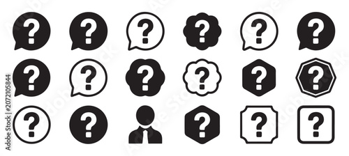 Question mark icon set with various shapes and styles for faq support and help center design.