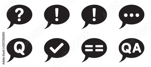 Chat speech bubble icons set with question mark exclamation mark checkmark and qa typography.