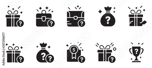 Collection of gift boxes briefcases and trophies with question mark icons for reward concepts.