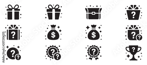 Set of reward and mystery gift box icons with money bags and trophy symbols on transparent base.