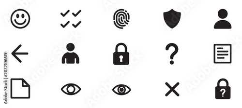 User interface utility icons set featuring security lock fingerprint check mark and profile user.