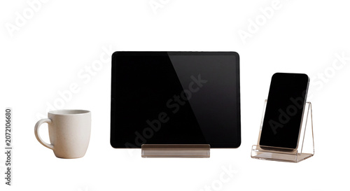 Isolated Office Devices Set with Blank Black Screen Tablet and Smartphone PNG