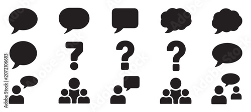Vector collection of chat bubbles question marks exclamation points and people icons.