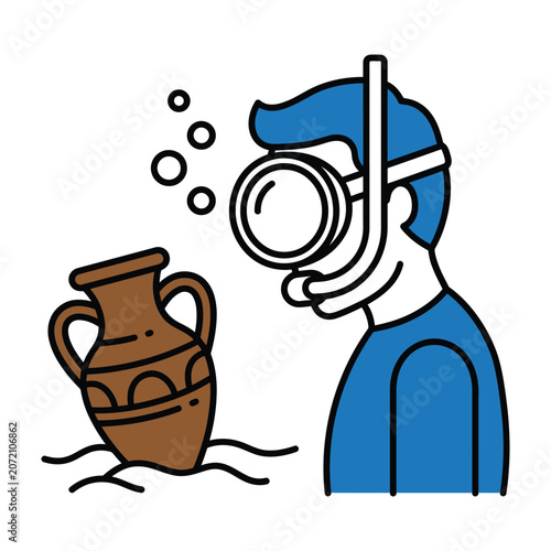 Obraz na plátně Diver with snorkel and mask exploring ancient clay amphora submerged underwater