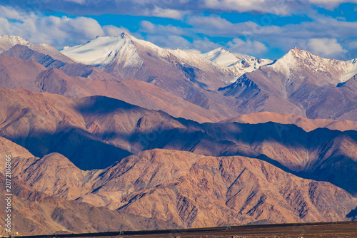 Scenic beauty of Himalayan mountains near Leh Airport, Ladakh, India. Leh is the capital of Ladakh, Jammu and Kashmir and known for natural landscape attracting tourist from all over India and world.
