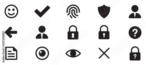 Set of black icons face checkmark fingerprint shield user lock and question mark.
