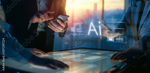 Business Team Interacting with Futuristic AI Interface and Data