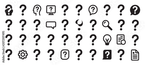 Numerous question mark icons combined with other symbols like brain, computer and book.