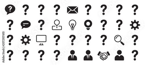 Set of help and support icons featuring various symbols mixed with question marks in grid format.