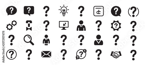 Collection of question mark icons and business related symbols like man and handshake.