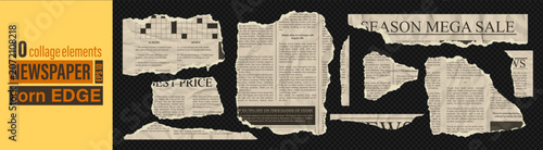 Photos Set of torn newspaper note pieces vintage teture jagged rip edge effect