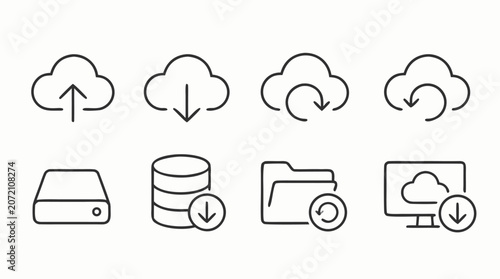 Clean flat vector illustration of cloud upload, download, sync, database, folder and device storage icons on a light background for backup service interfaces.