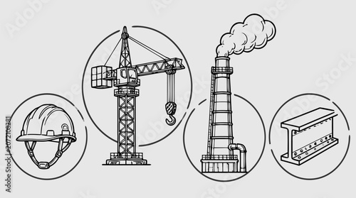 Clean flat vector illustration on a light background showing construction and industry symbols including a crane, hard hat, smokestack, and steel beam for engineering branding.