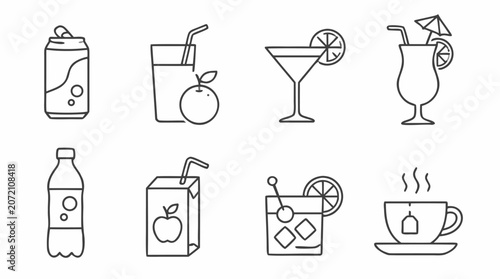 Clean flat vector illustration of assorted beverage line icons on a light background, ideal for drink menus, cafe branding, bar promotions, or refreshment packaging design.