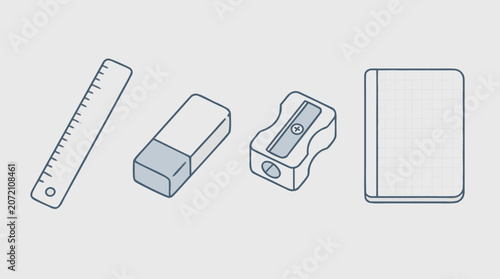 Clean flat vector illustration of school stationery including ruler, eraser, sharpener and grid notebook on a light background for education branding or classroom design.