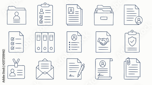 Clean flat vector illustration of office document and HR paperwork icons on a light background, useful for business administration, workflow, and compliance designs.