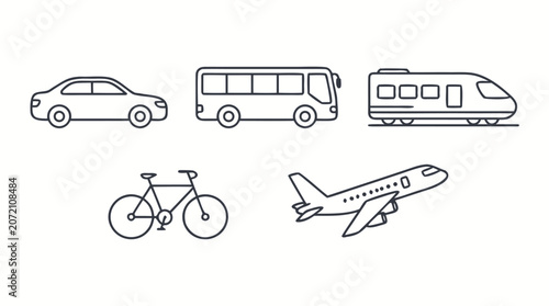 Clean flat vector illustration of car, bus, train, bicycle, and airplane line icons on a light background for transportation apps, travel guides, and mobility branding.