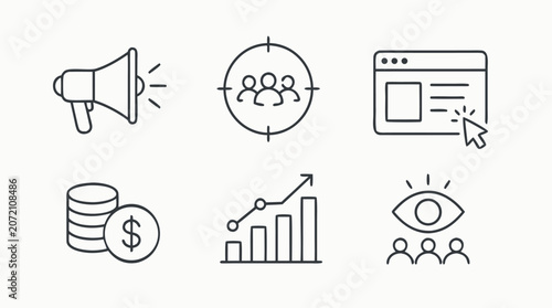 Clean flat vector illustration on a light background showing marketing, audience targeting, web click, money, analytics and visibility icons for business strategy materials.
