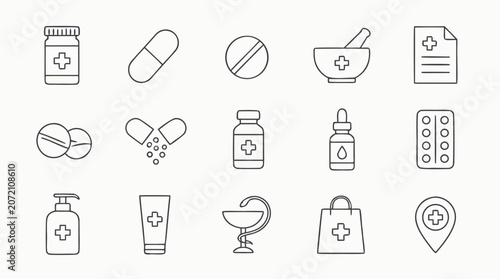 Clean flat vector illustration of pharmacy and medicine line icons on a light background for healthcare app, clinic brochure, or drugstore service design.