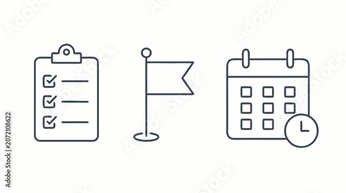 Clean flat vector illustration of checklist, milestone flag, and calendar with clock on a light background for project planning and productivity concepts.