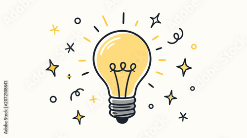 Clean flat vector illustration of a glowing light bulb with doodle sparkles on a light background, ideal for innovation, ideas, creativity, startup or education design.