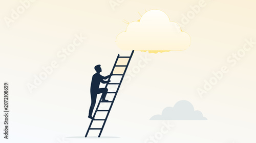 Clean flat vector illustration on a light background showing a man climbing a ladder toward a glowing cloud, ideal for ambition, cloud computing, goals, or business success concepts.