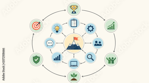 Clean flat vector illustration on a light background showing a business strategy cycle with goal, growth, teamwork and planning icons for presentations or marketing materials.